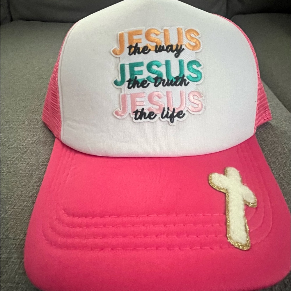 Pink and White Jesus Trucker Hat